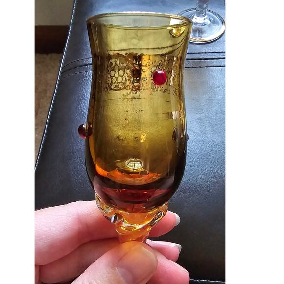 5 1930 Murano Tulip Cordial Glasses 22k Gold Trim and Filigree w/ Red Jewels - Picture 5 of 15